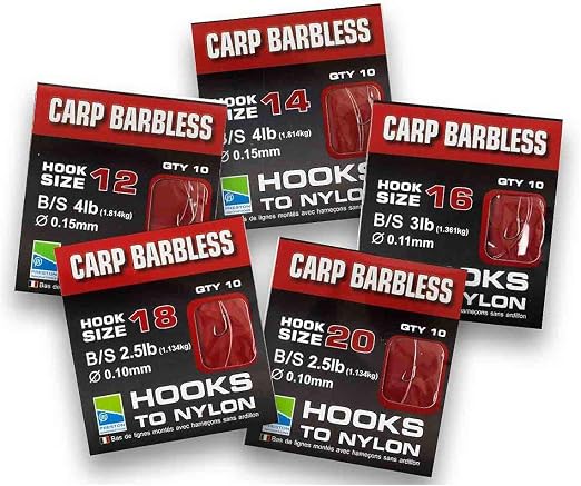 Preston nylon carp hook 12 pre-tied hooks barbless